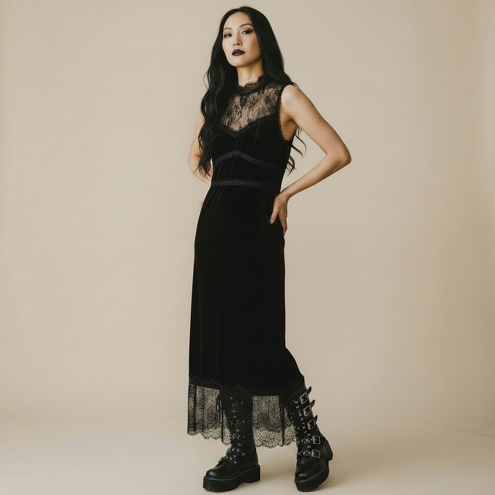 Lost + Wander Velvet Lace Midi Dress‎ Womens Medium Black Goth Romantic Chic